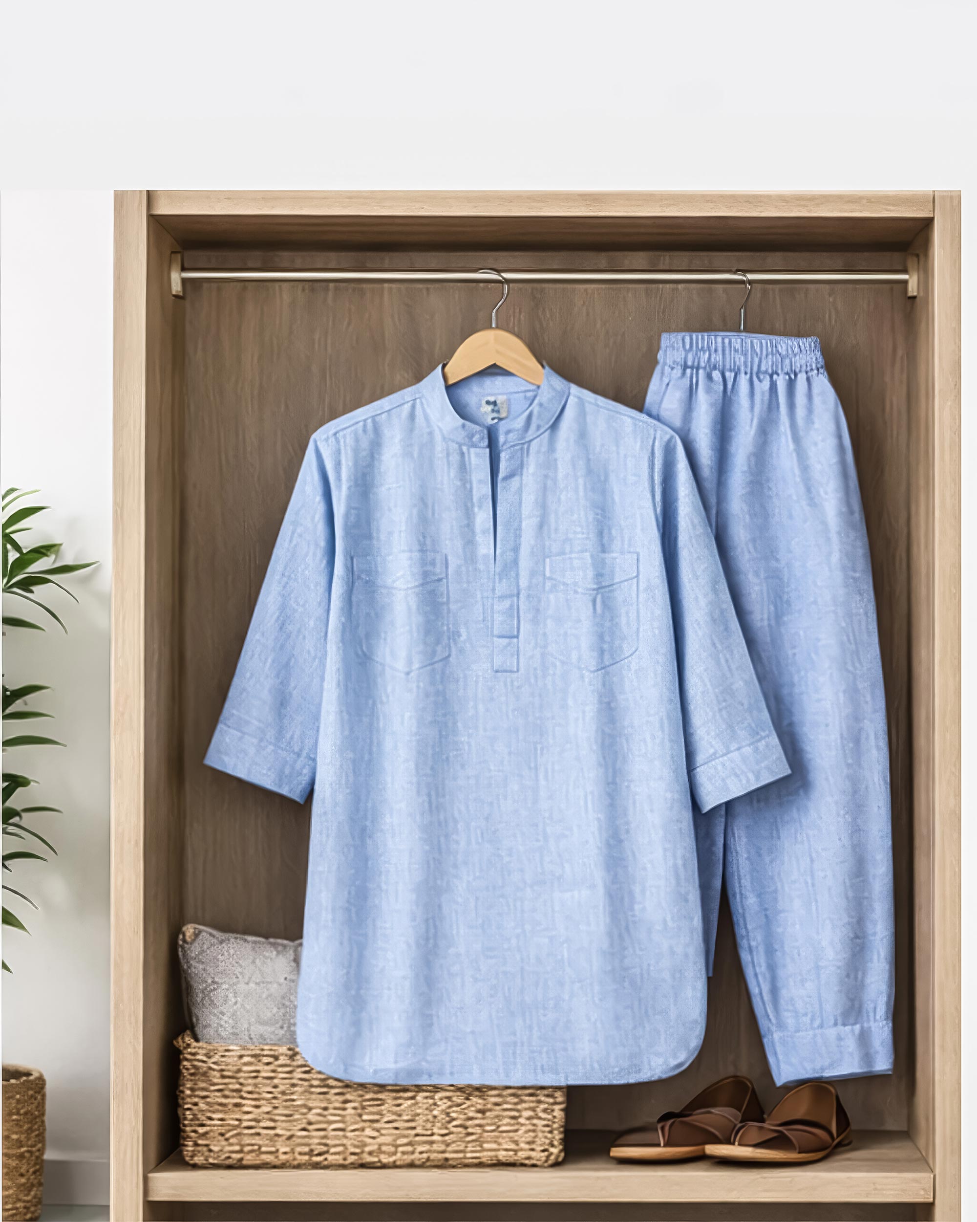 Powder Blue Linen Blend Kurta Co-ord Set for Women Secondary image