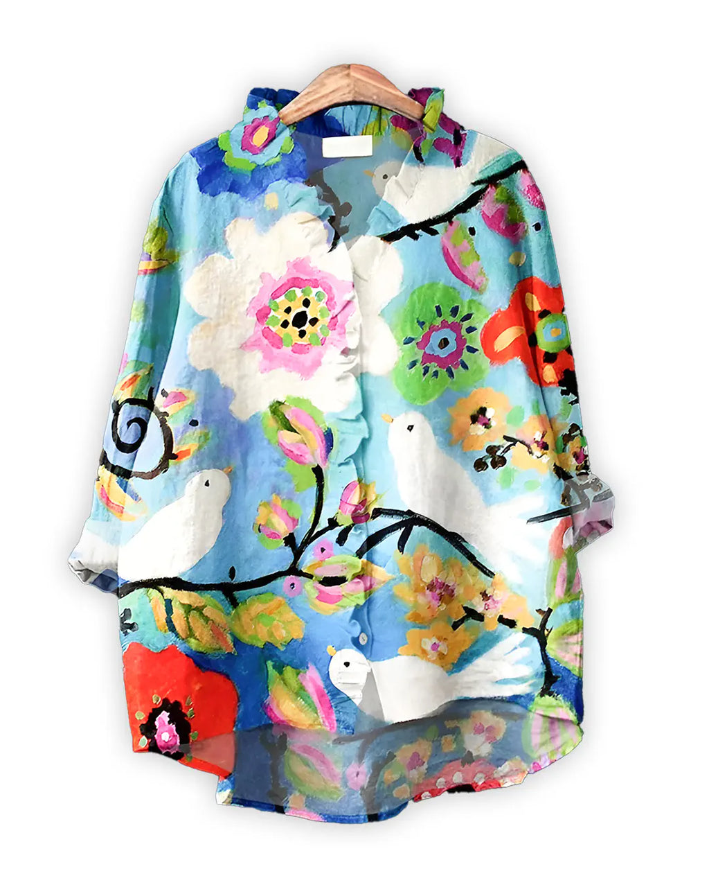 Colorful floral and bird patterned dress on a  Blue background