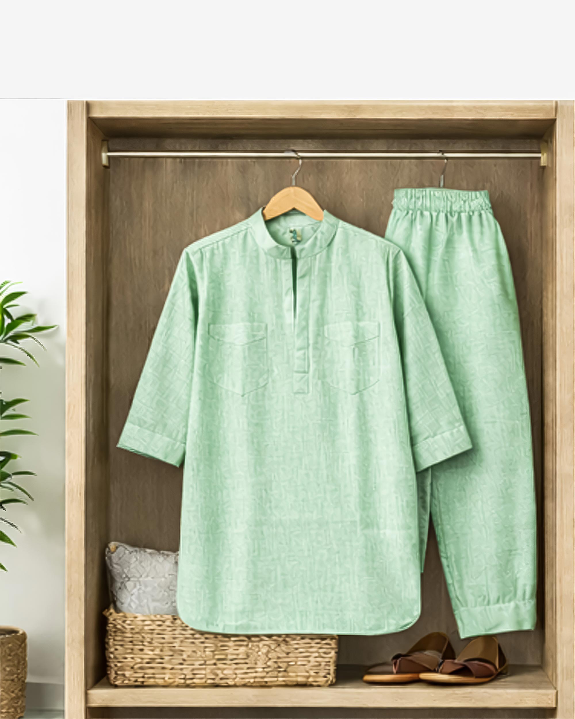 Powder Green Linen Blend Kurta Co-ord Set for Women Secondary image