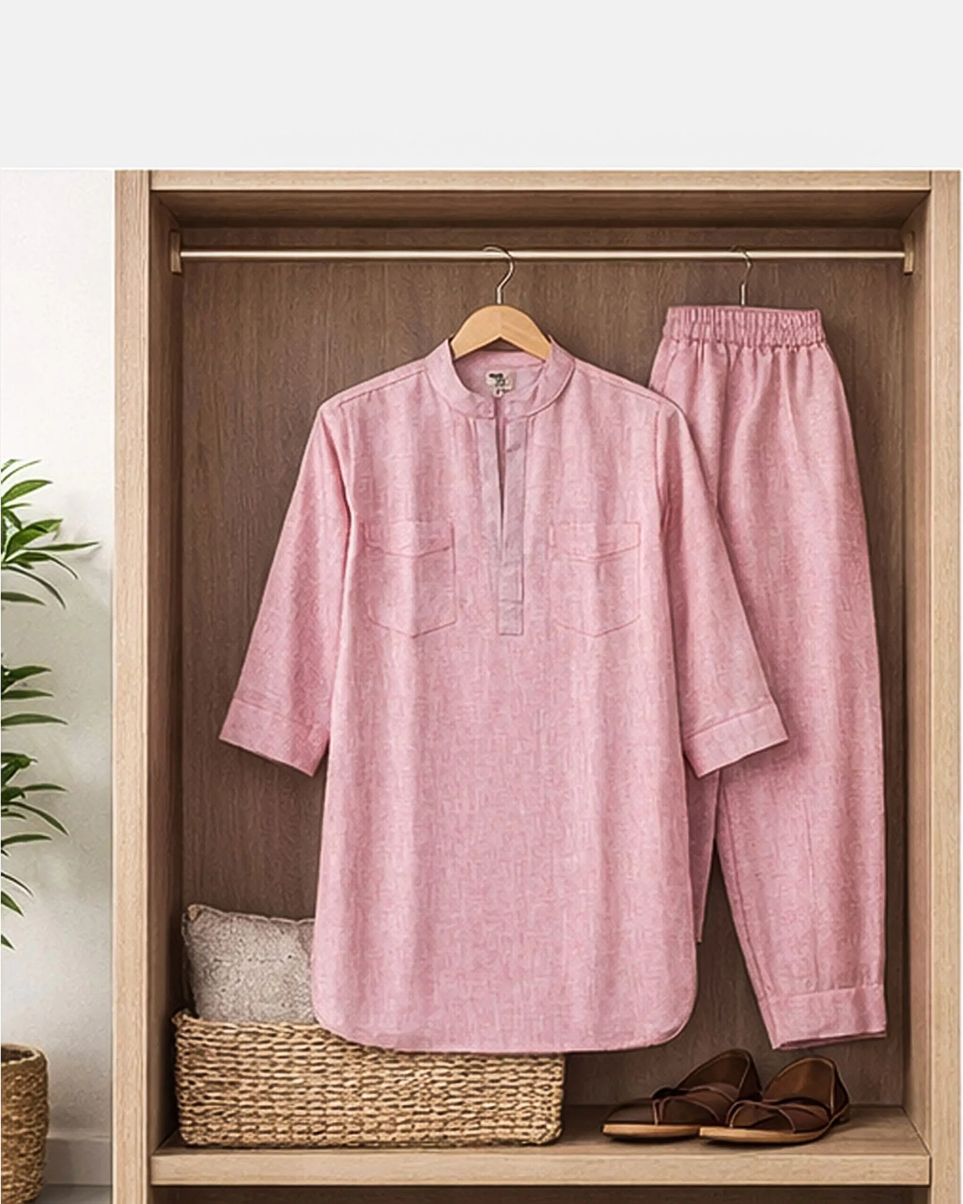 Pink shirt and pants hanging on a wooden rack with a plant and basket in the background.