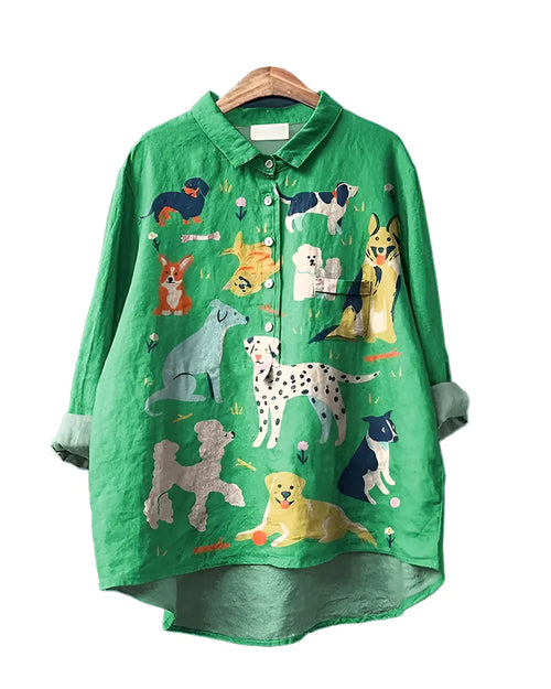 Green shirt with dog illustrations on a Green background