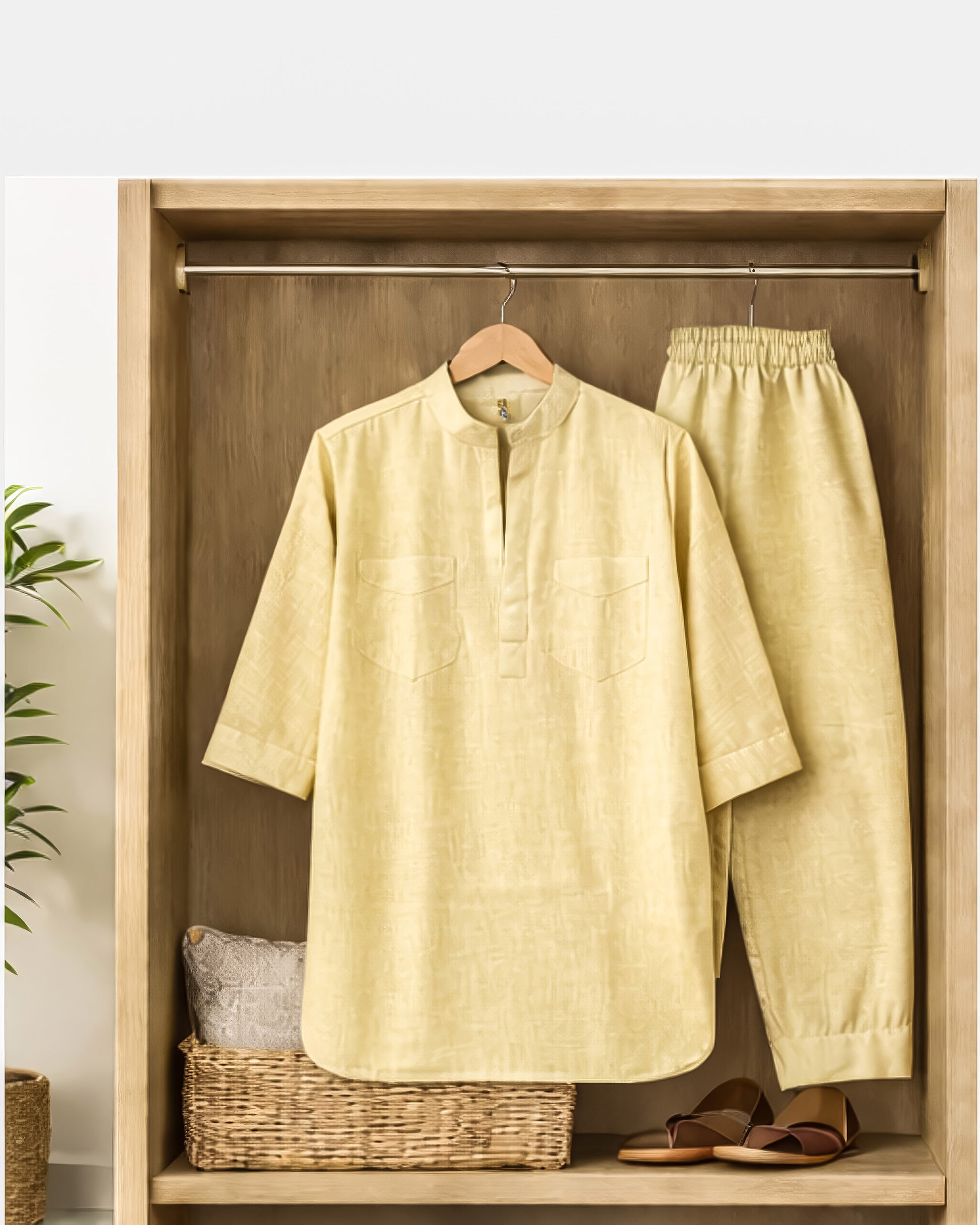 Light yellow outfit with shirt and pants hanging on a wooden wardrobe.