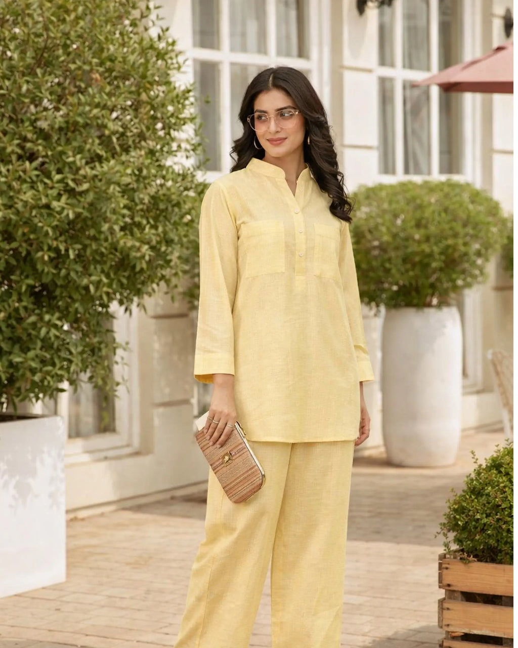 Powder Yellow Linen Blend Kurta Co-ord Set for Women