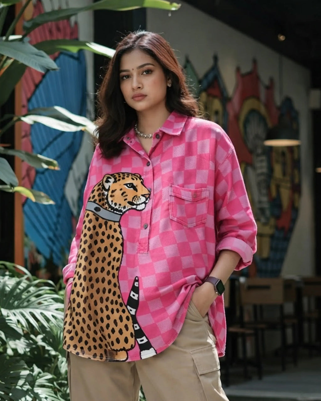 Pink Check Printed Relaxed-Fit Button-Down Shirt for Women | Poly-Cotton