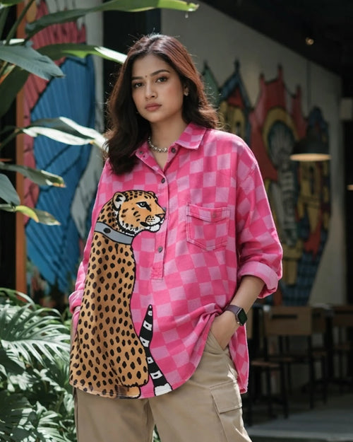 Pink Check Printed Relaxed-Fit Button-Down Shirt for Women | Poly-Cotton