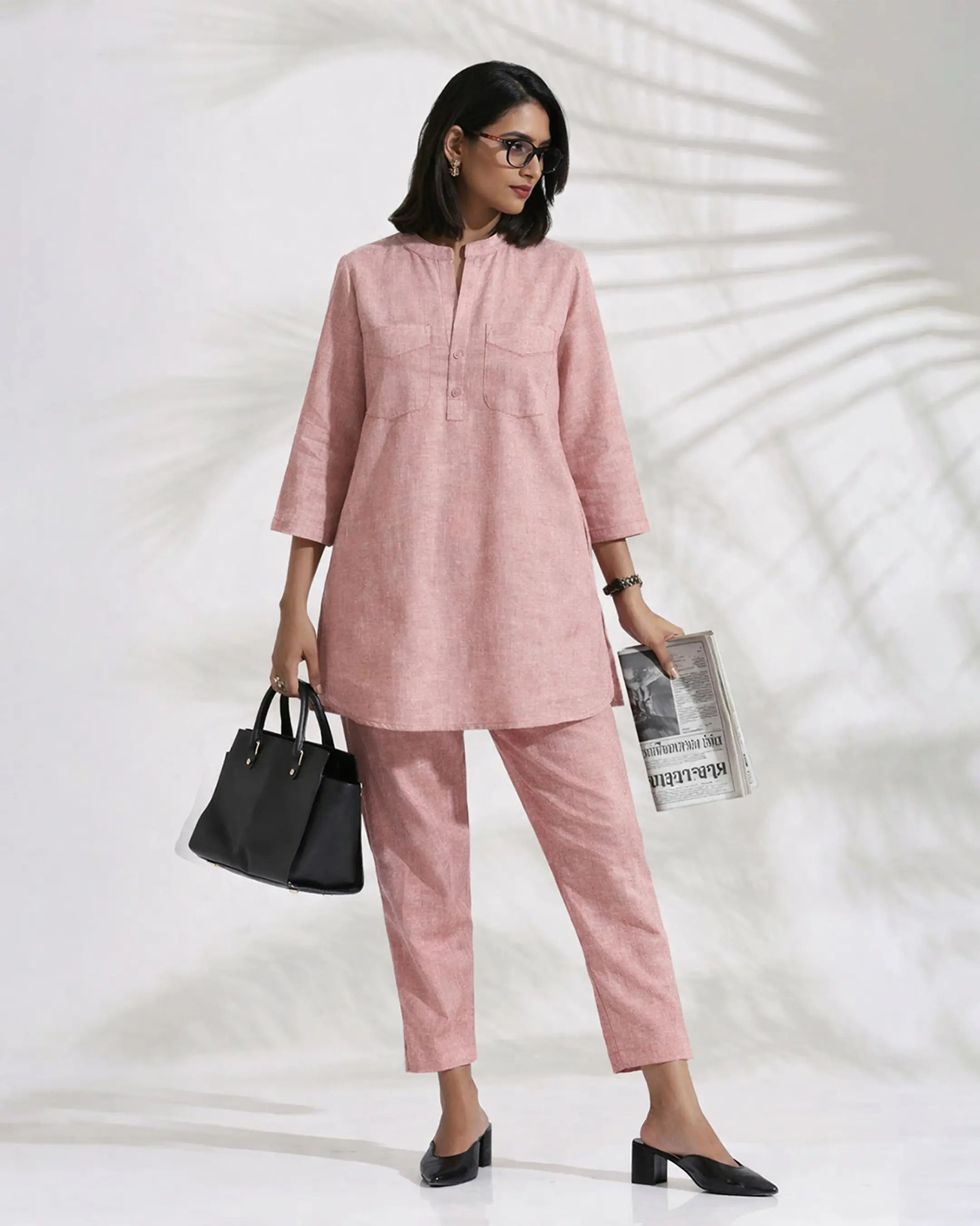 Powder Pink Linen Blend Kurta Co-ord Set for Women Main image
