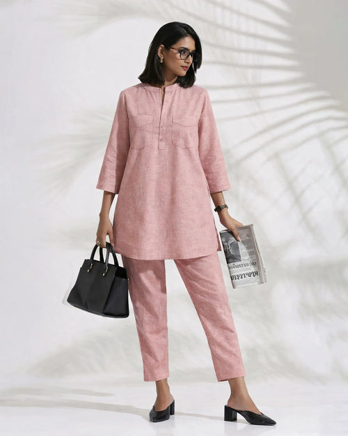 Powder Pink Linen Blend Kurta Co-ord Set for Women