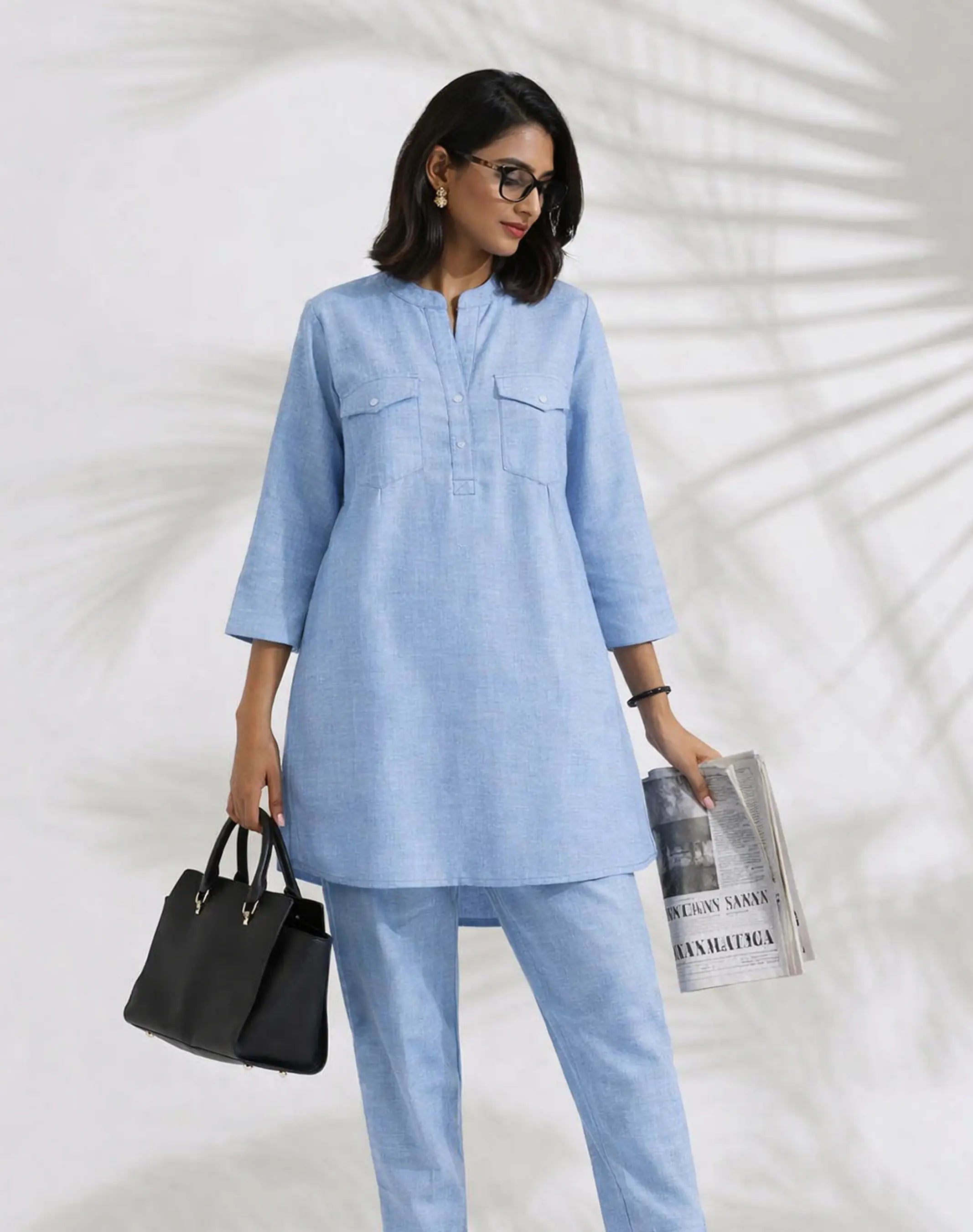 Powder Blue Linen Blend Kurta Co-ord Set for Women Main image
