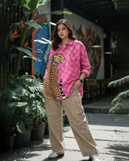 Pink Check Printed Relaxed-Fit Button-Down Shirt for Women | Poly-Cotton