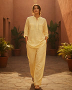 Powder Yellow Linen Blend Kurta Co-ord Set for Women