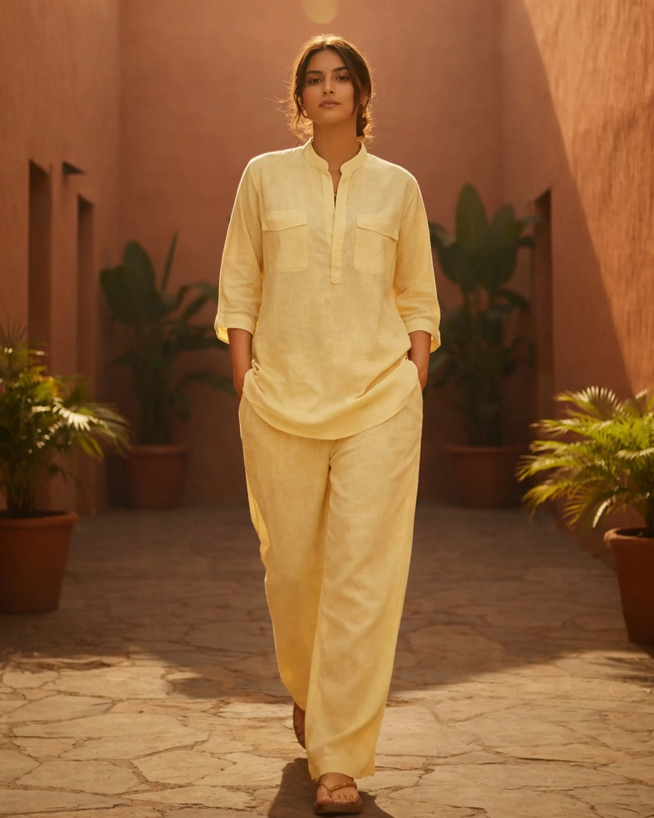 Powder Yellow Linen Blend Kurta Co-ord Set for Women