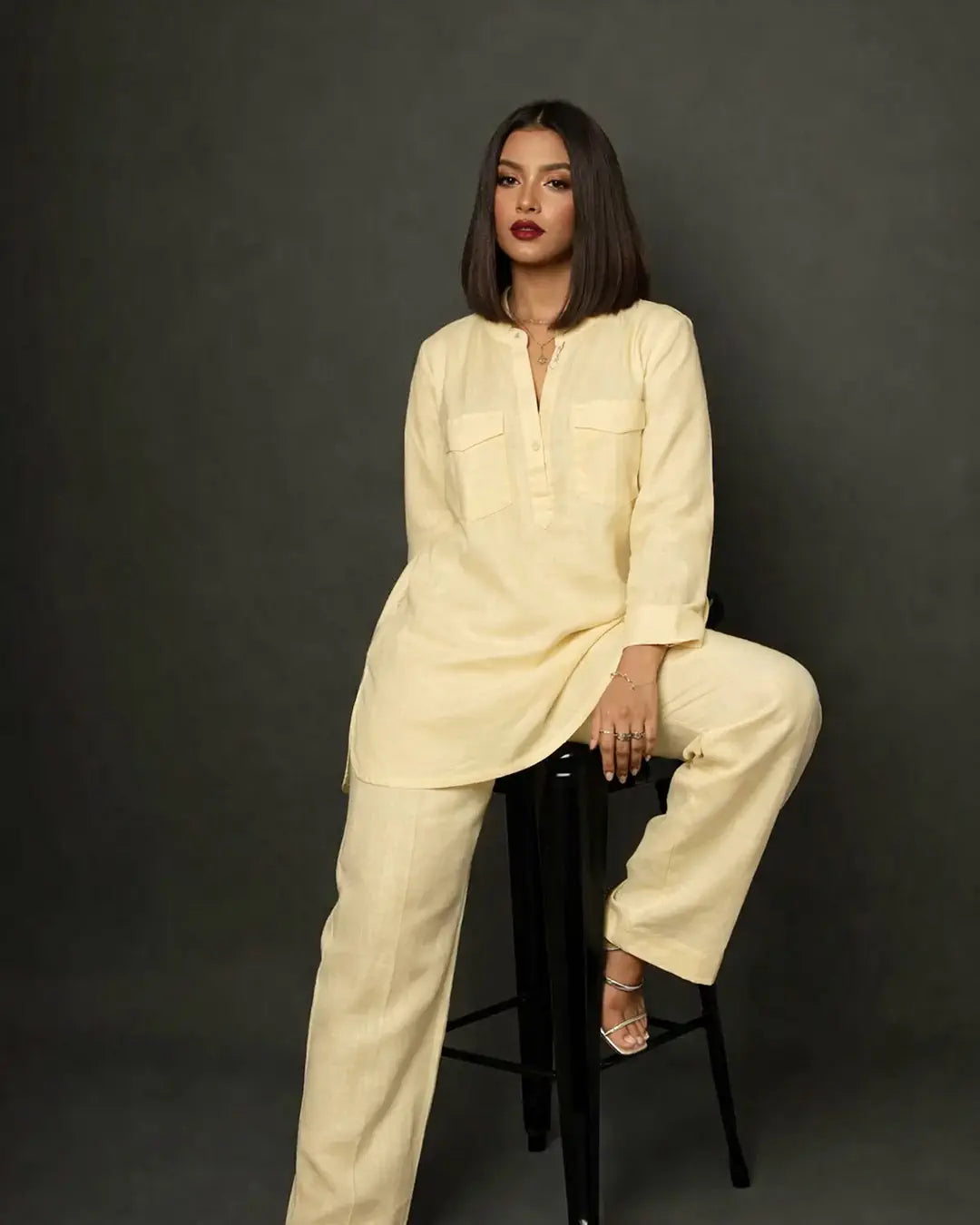 Powder Yellow Linen Blend Kurta Co-ord Set for Women Main image