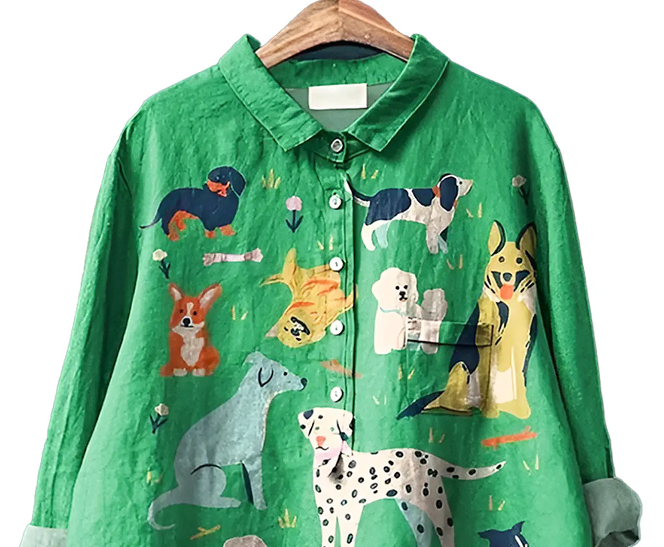 Green Dog Print Relaxed-Fit Button-Down Shirt  for Women | Poly-Cotton