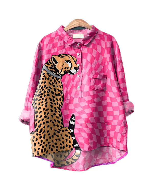 Pink Check Printed Relaxed-Fit Button-Down Shirt for Women | Poly-Cotton